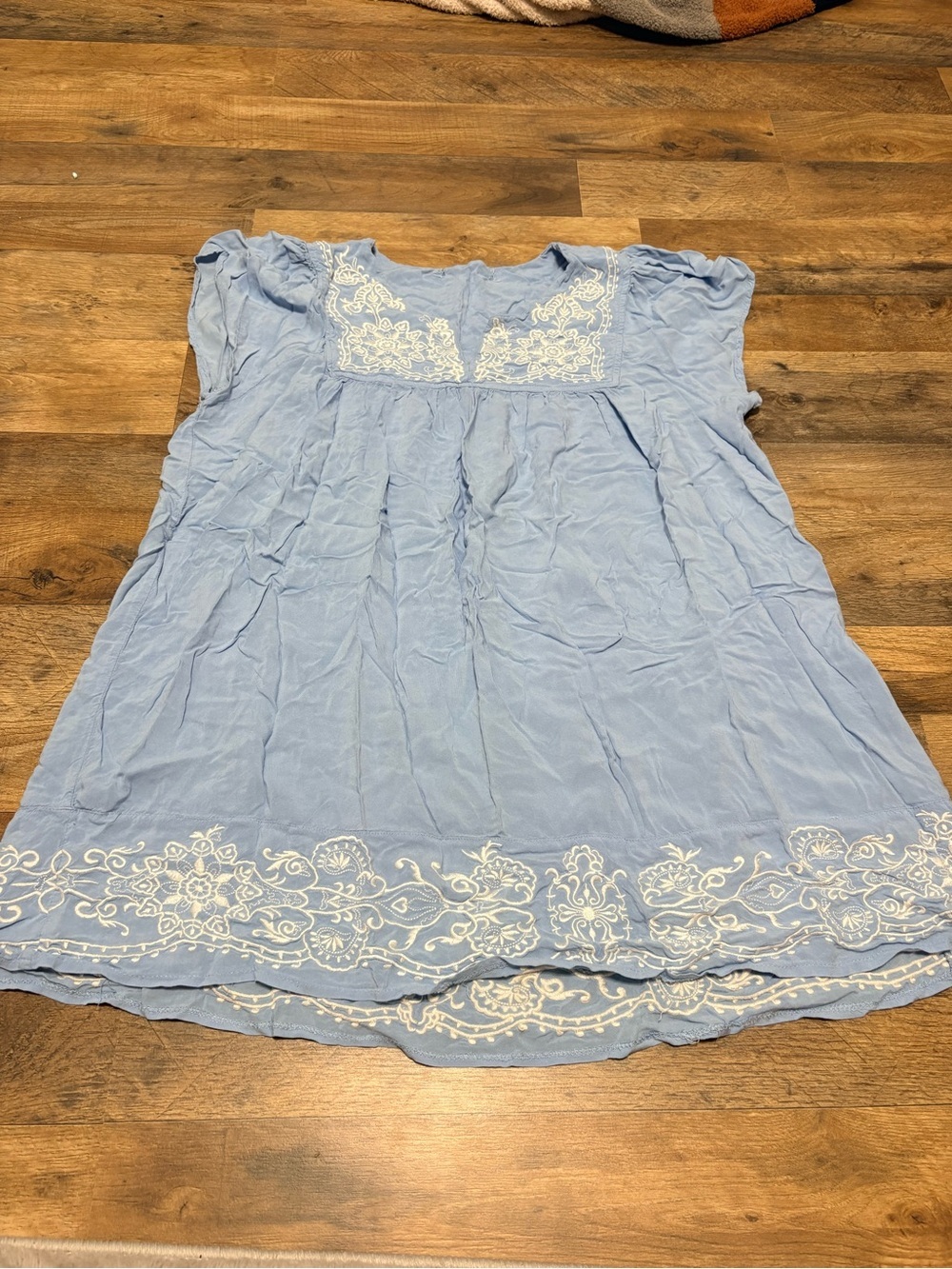 Boho Embroidered Baby Doll Tunic Top Light Blue Women’s Rayon Peasant Blouse